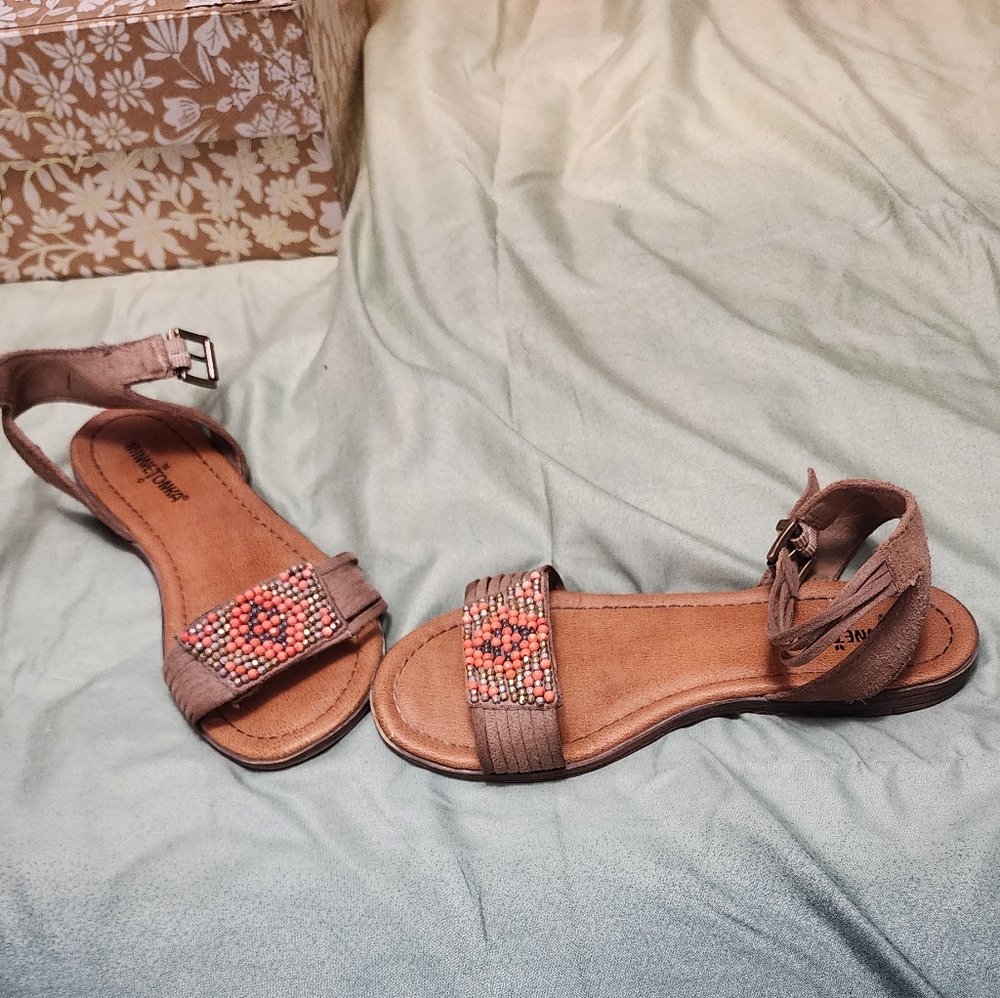 Minnetonka Brown Sandals with Cutout and Ankle Strap
